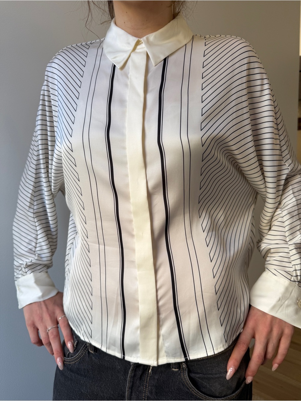 Mango Cream and Black Striped Dress Shirt